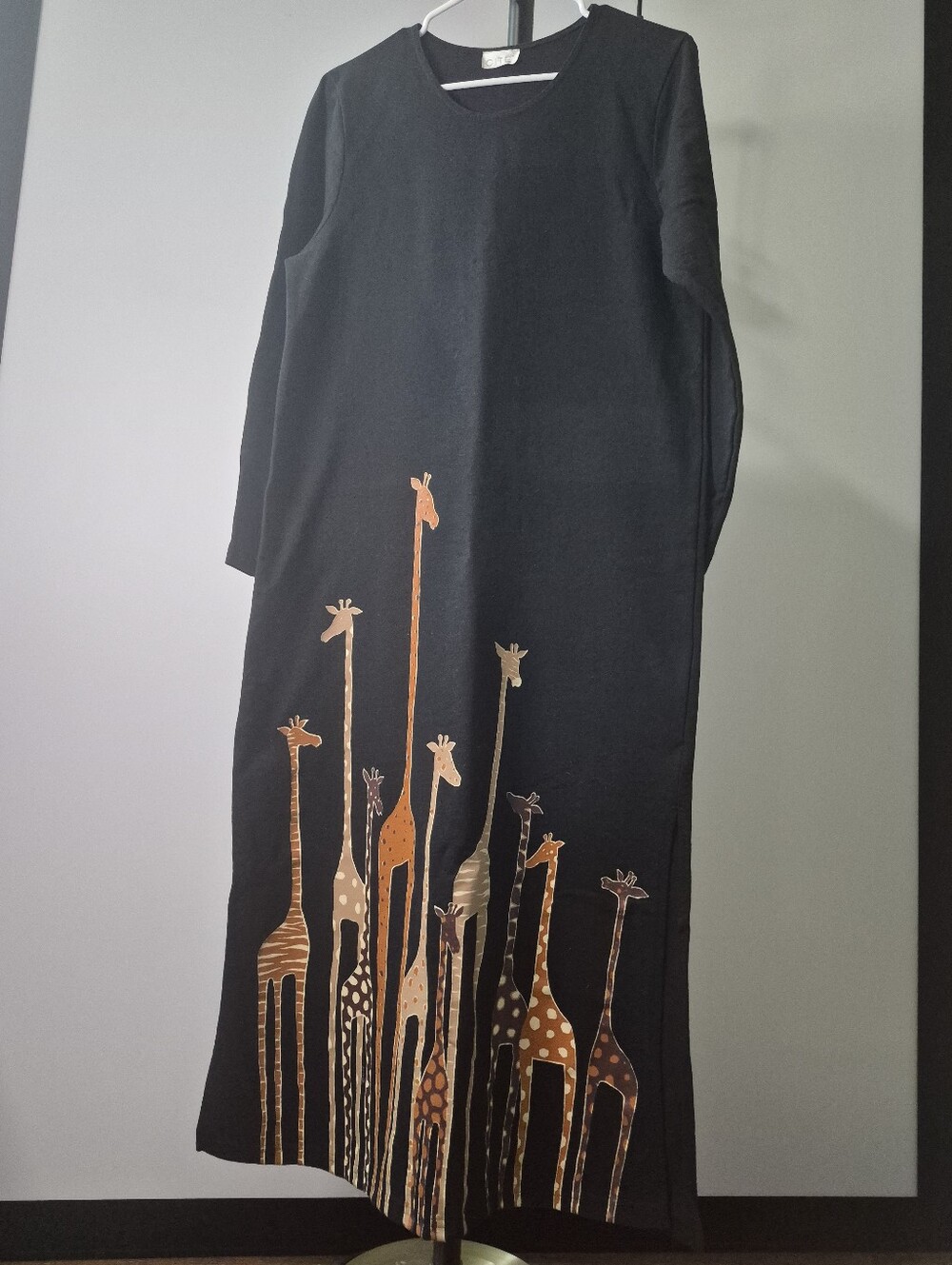 Vtg 90s CITE Giraffe Maxi Dress L XL Black Cotton Soft Whimsical Safari Artsy